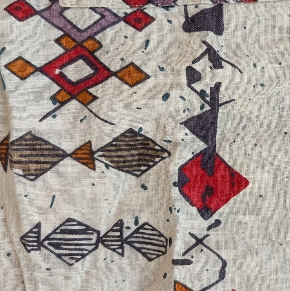 Vintage Natural Issue White Linen Aztec Men's Button Down Shirt Large